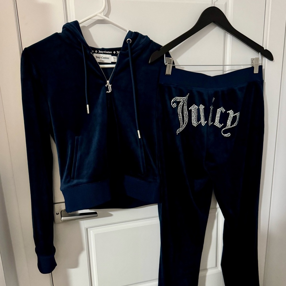 Y2K Juicy Couture Navy Blue Bling Velour Tracksuit Set